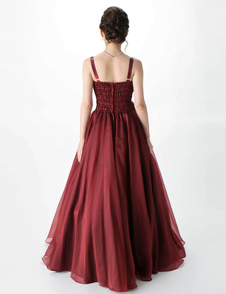 TWEED DRESS(ツイードドレス)のワインレッドロングドレス・オーガンジー｜TM1675-WRDの全身背面画像です。