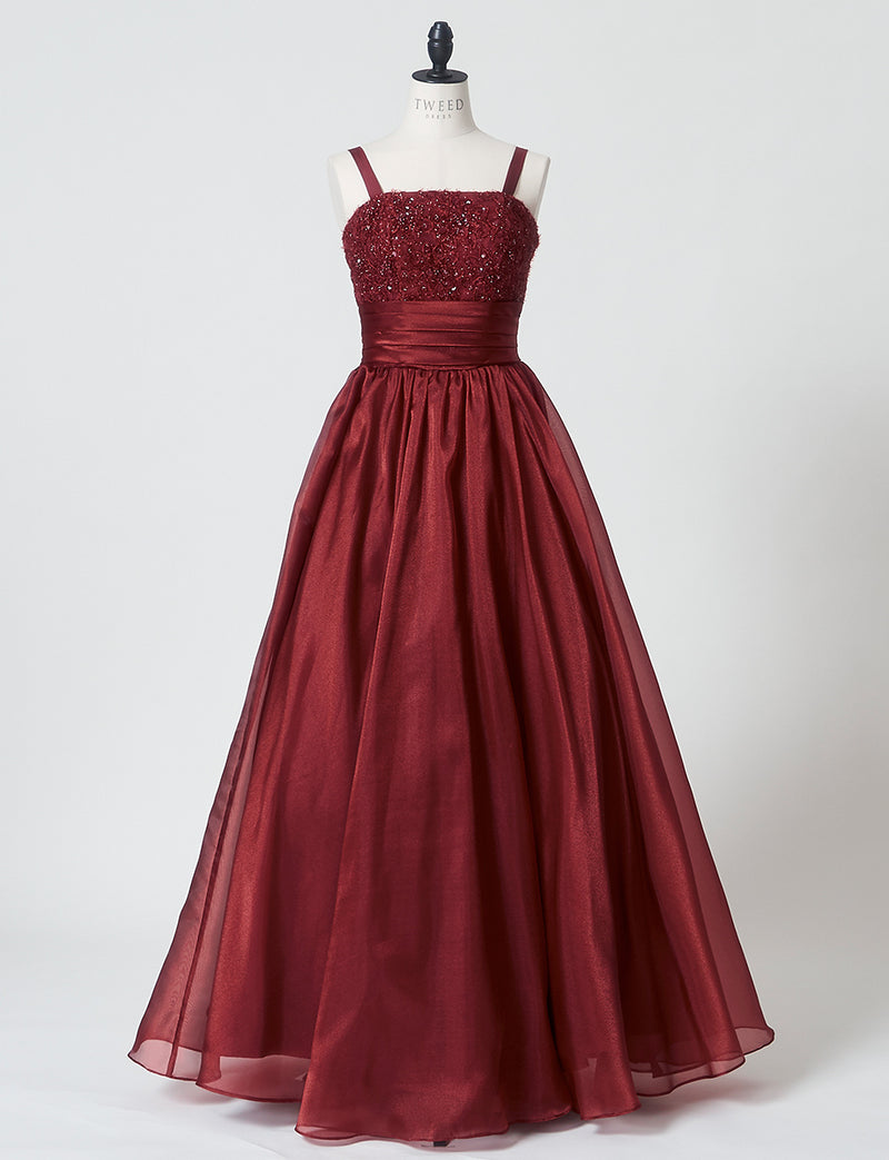 TWEED DRESS(ツイードドレス)のワインレッドロングドレス・オーガンジー｜TM1675-WRDのトルソー全身正面画像です。