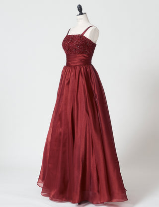 TWEED DRESS(ツイードドレス)のワインレッドロングドレス・オーガンジー｜TM1675-WRDのトルソー全身斜め画像です。