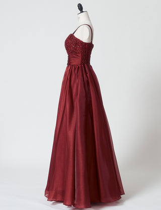 TWEED DRESS(ツイードドレス)のワインレッドロングドレス・オーガンジー｜TM1675-WRDのトルソー全身側面画像です。