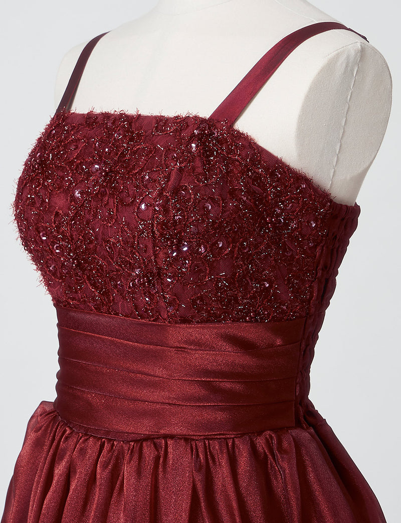 TWEED DRESS(ツイードドレス)のワインレッドロングドレス・オーガンジー｜TM1675-WRDのトルソー上半身斜め画像です。