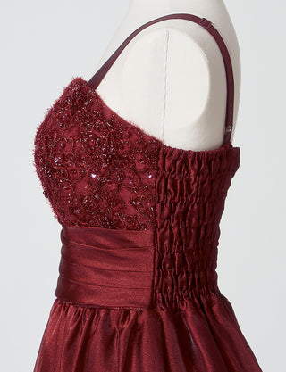 TWEED DRESS(ツイードドレス)のワインレッドロングドレス・オーガンジー｜TM1675-WRDのトルソー上半身側面画像です。