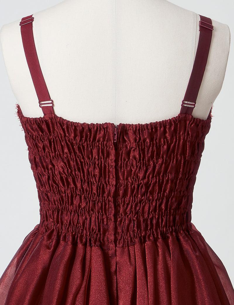 TWEED DRESS(ツイードドレス)のワインレッドロングドレス・オーガンジー｜TM1675-WRDのトルソー上半身背面画像です。
