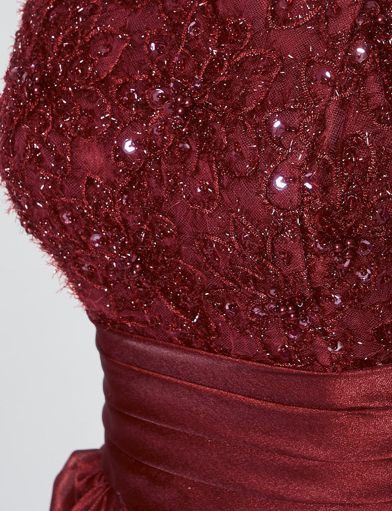TWEED DRESS(ツイードドレス)のワインレッドロングドレス・オーガンジー｜TM1675-WRDの上半身装飾拡大画像です。