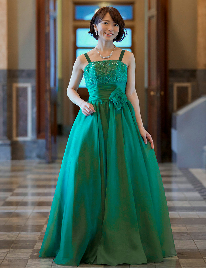 TWEED DRESS(ツイードドレス)のグリーンロングドレス・オーガンジー｜TM1675-GNの全身正面画像です。
