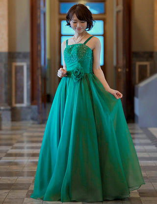 TWEED DRESS(ツイードドレス)のグリーンロングドレス・オーガンジー｜TM1675-GNの全身斜め画像です。
