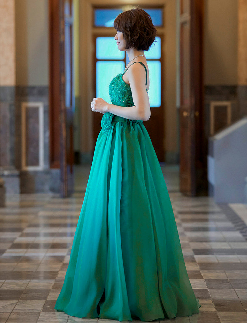 TWEED DRESS(ツイードドレス)のグリーンロングドレス・オーガンジー｜TM1675-GNの全身側面画像です。