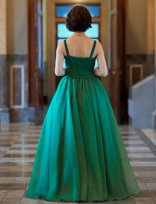 TWEED DRESS(ツイードドレス)のグリーンロングドレス・オーガンジー｜TM1675-GNの全身背面画像です。