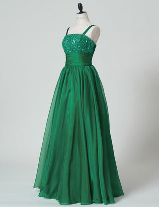 TWEED DRESS(ツイードドレス)のグリーンロングドレス・オーガンジー｜TM1675-GNのトルソー全身斜め画像です。