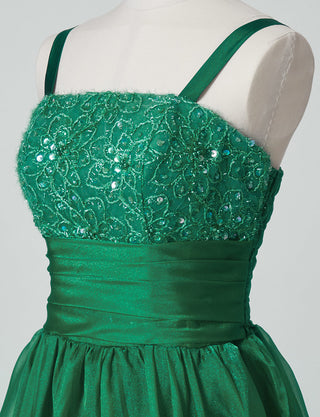 TWEED DRESS(ツイードドレス)のグリーンロングドレス・オーガンジー｜TM1675-GNのトルソー上半身斜め画像です。