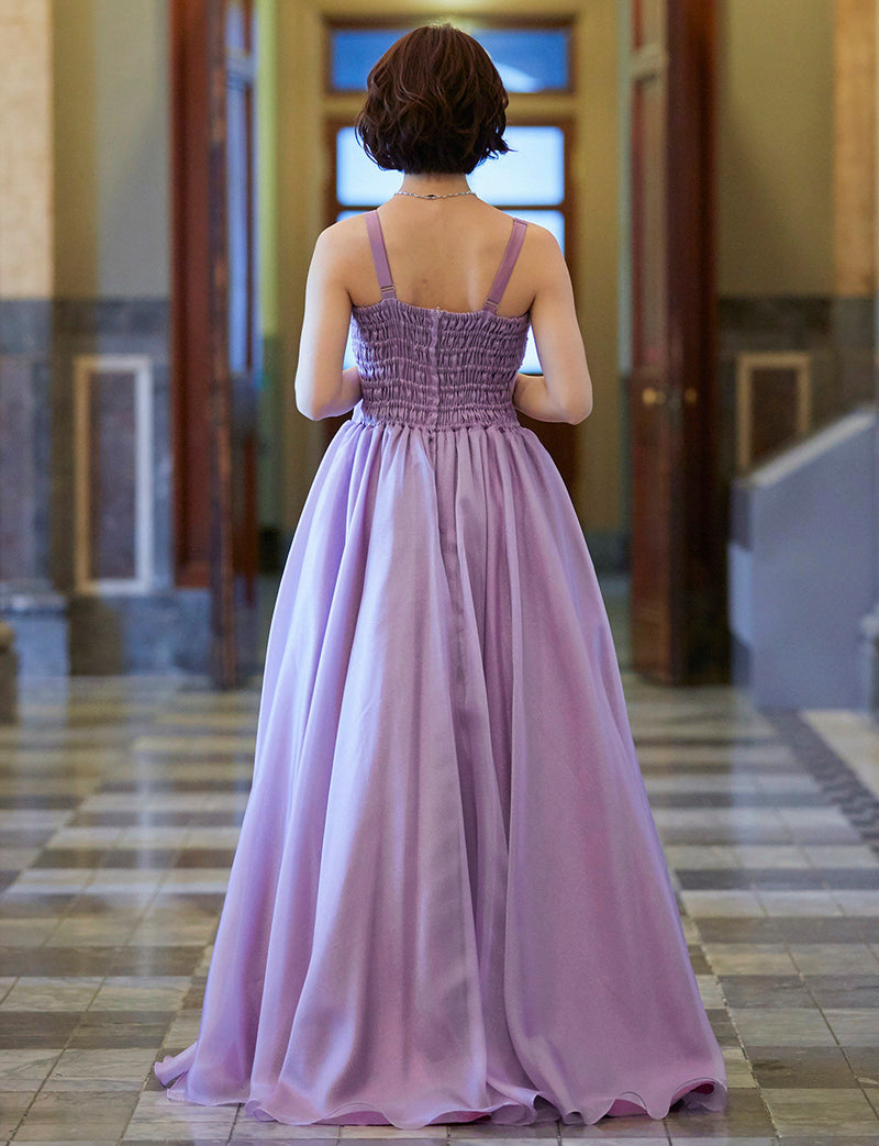 TWEED DRESS(ツイードドレス)のラベンダーロングドレス・オーガンジー｜TM1675-LVの全身背面画像です。