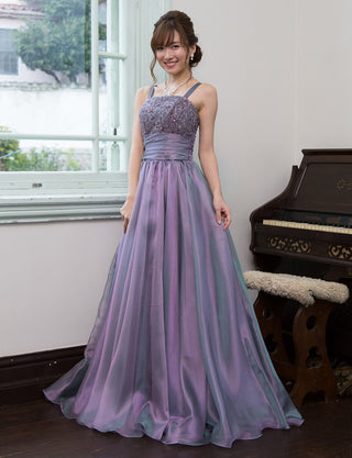 TWEED DRESS(ツイードドレス)のパープルレインロングドレス・オーガンジー｜TM1675-PERNの全身斜め画像です。