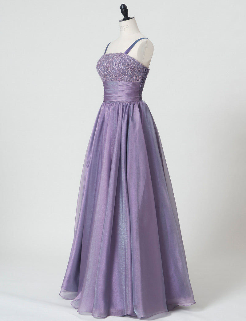 TWEED DRESS(ツイードドレス)のパープルレインロングドレス・オーガンジー｜TM1675-PERNのトルソー全身斜め画像です。
