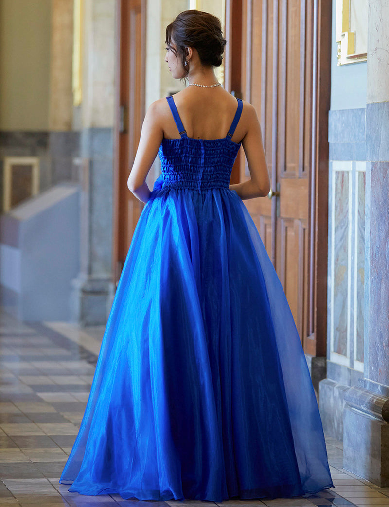 TWEED DRESS(ツイードドレス)のロイヤルブルーロングドレス・オーガンジー｜TM1675-RBLの全身背面画像です。