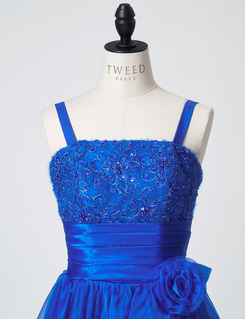 TWEED DRESS(ツイードドレス)のロイヤルブルーロングドレス・オーガンジー｜TM1675-RBLのトルソー上半身正面付属コサージュを付けた画像です。