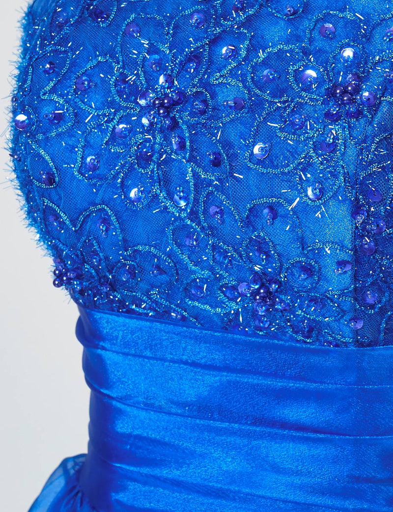 TWEED DRESS(ツイードドレス)のロイヤルブルーロングドレス・オーガンジー｜TM1675-RBLの上半身装飾拡大画像です。