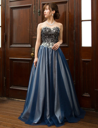 TWEED DRESS(ツイードドレス)のネイビー×シャンパンゴールドロングドレス・チュール｜TM1680-NYの全身正面画像です。