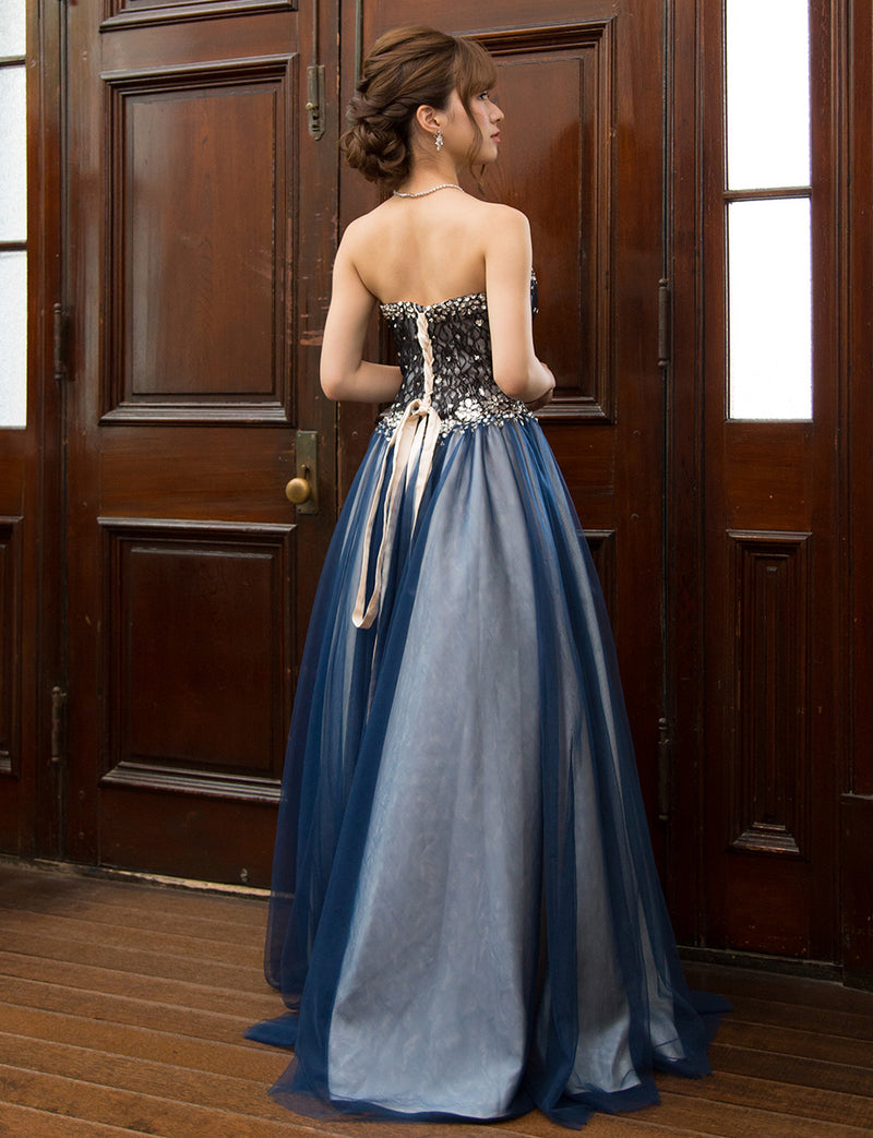 TWEED DRESS(ツイードドレス)のネイビー×シャンパンゴールドロングドレス・チュール｜TM1680-NYの全身背面画像です。