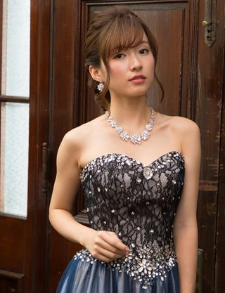 TWEED DRESS(ツイードドレス)のネイビー×シャンパンゴールドロングドレス・チュール｜TM1680-NYの上半身正面画像です。