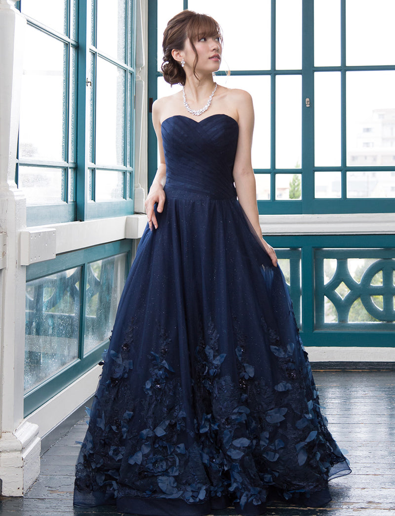 TWEED DRESS(ツイードドレス)のダークネイビーロングドレス・チュール｜TM1684-DNYの全身正面画像です。