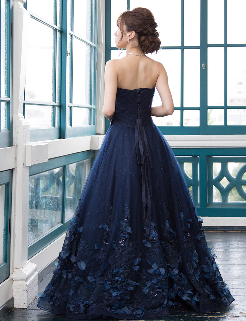 TWEED DRESS(ツイードドレス)のダークネイビーロングドレス・チュール｜TM1684-DNYの全身背面画像です。