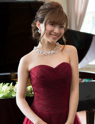 TWEED DRESS(ツイードドレス)のワインレッドロングドレス・チュール｜TM1684-WRDの上半身正面画像です。