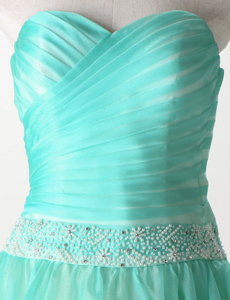 TWEED DRESS(ツイードドレス)のターコイズロングドレス・オーガンジー｜TM1687-TQのトルソー上半身正面画像です。