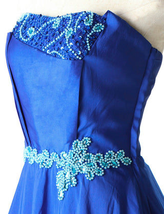 TWEED DRESS(ツイードドレス)のロイヤルブルーロングドレス・タフタ｜TM1691-RBLのトルソー上半身斜め画像です。