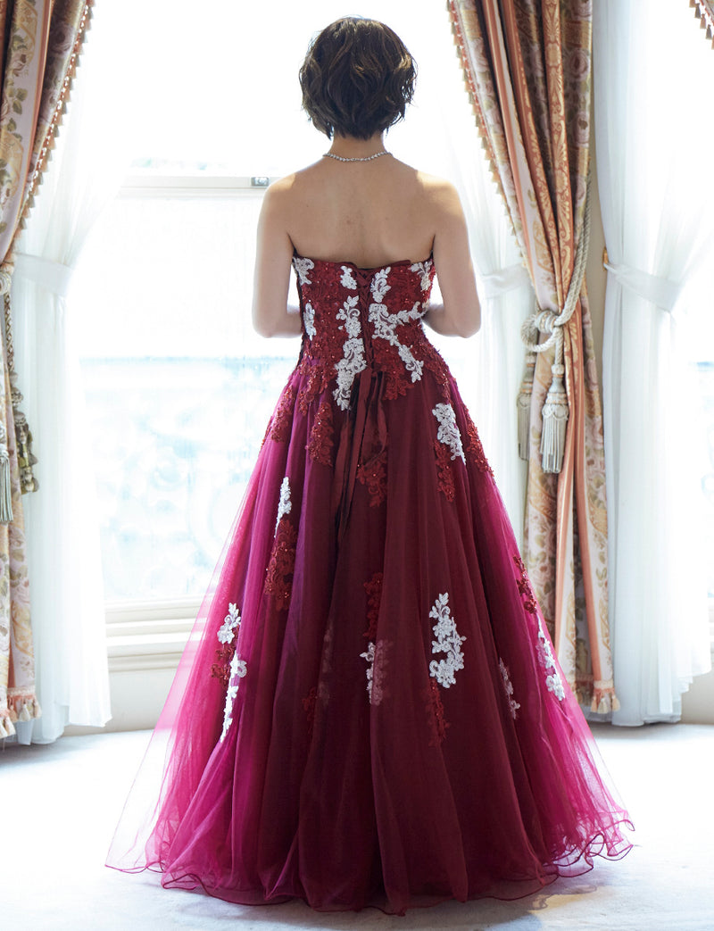 TWEED DRESS(ツイードドレス)のワインレッドロングドレス・チュール｜TM1694-WRDの全身背面画像です。