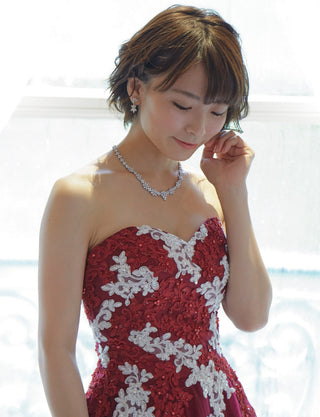 TWEED DRESS(ツイードドレス)のワインレッドロングドレス・チュール｜TM1694-WRDの上半身斜め画像です。