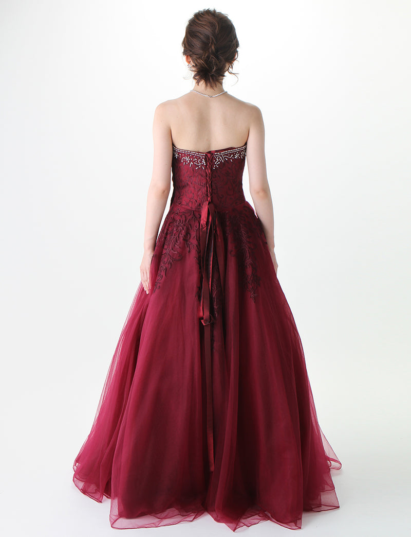 TWEED DRESS(ツイードドレス)のワインレッドロングドレス・チュール｜TM1616-WRDの全身背面画像です。