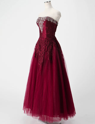 TWEED DRESS(ツイードドレス)のワインレッドロングドレス・チュール｜TM1616-WRDのトルソー全身斜め画像です。