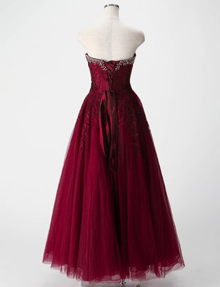 TWEED DRESS(ツイードドレス)のワインレッドロングドレス・チュール｜TM1616-WRDのトルソー全身背面画像です。