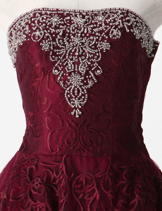 TWEED DRESS(ツイードドレス)のワインレッドロングドレス・チュール｜TM1616-WRDのトルソー上半身正面画像です。