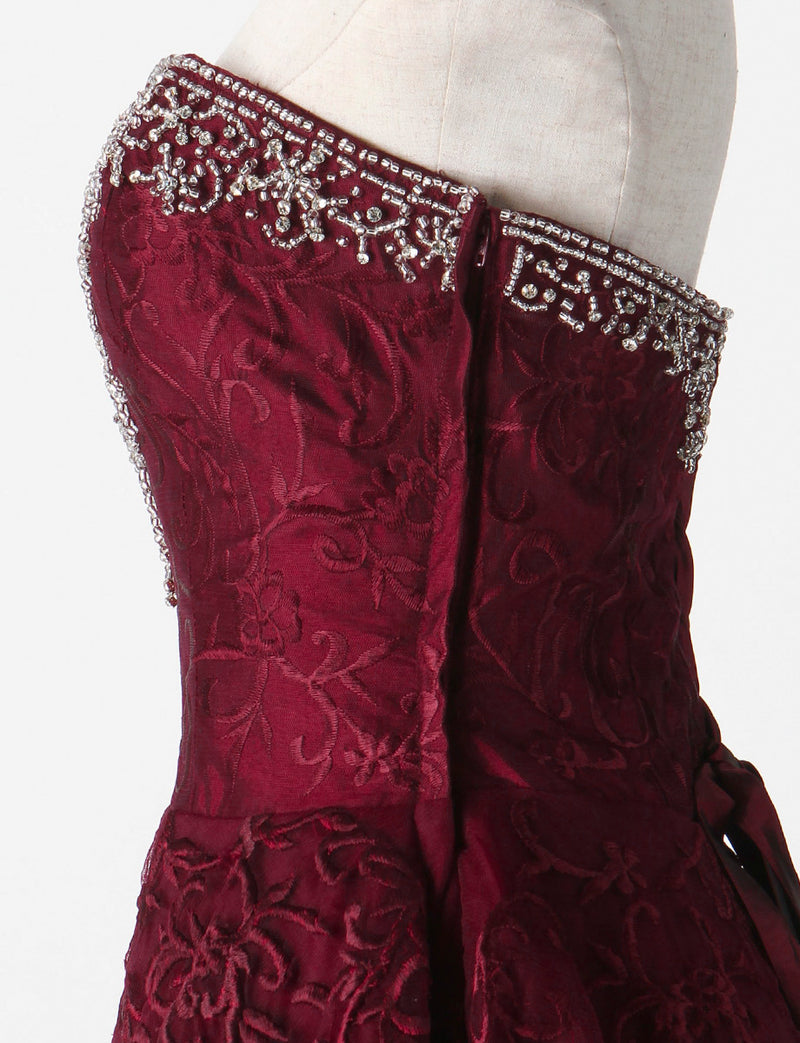 TWEED DRESS(ツイードドレス)のワインレッドロングドレス・チュール｜TM1616-WRDのトルソー上半身側面画像です。