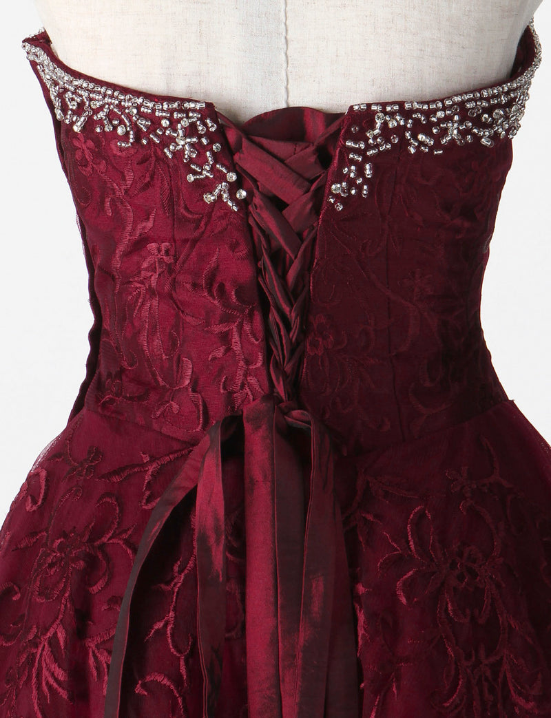 TWEED DRESS(ツイードドレス)のワインレッドロングドレス・チュール｜TM1616-WRDのトルソー上半身背面画像です。