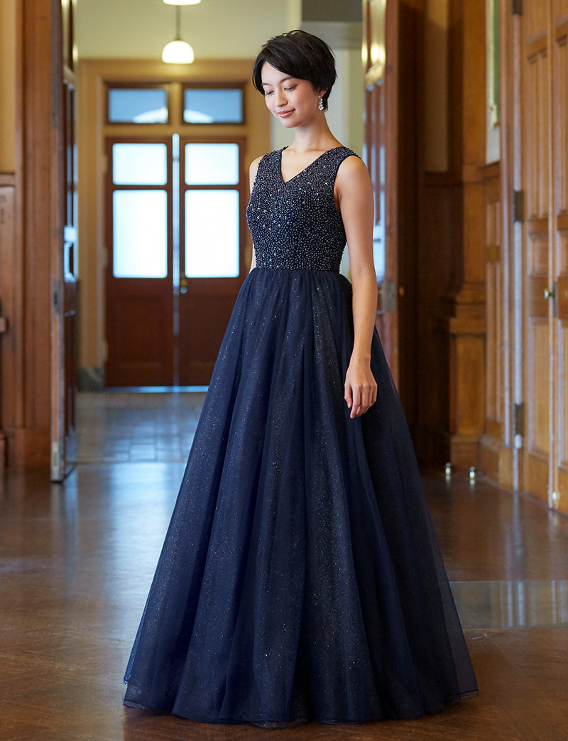 TWEED DRESS(ツイードドレス)のダークネイビーロングドレス・チュール｜TN2001-DNYの全身斜め画像です。