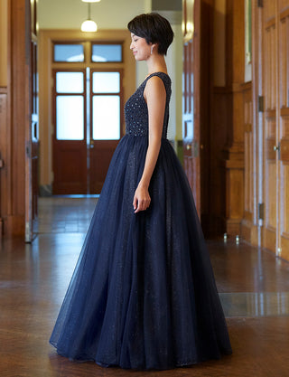 TWEED DRESS(ツイードドレス)のダークネイビーロングドレス・チュール｜TN2001-DNYの全身横画像です。