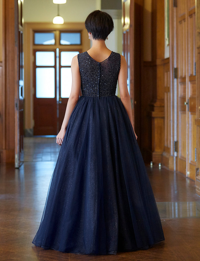 TWEED DRESS(ツイードドレス)のダークダークネイビーロングドレス・チュール｜TN2001-DNYの全身後ろ画像です。