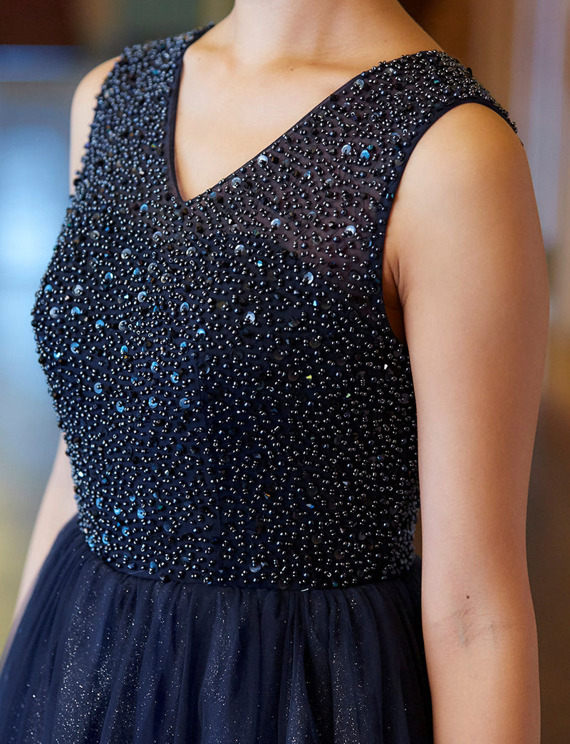 TWEED DRESS(ツイードドレス)のダークネイビーロングドレス・チュール｜TN2001-DNYの上半身装飾拡大画像です。