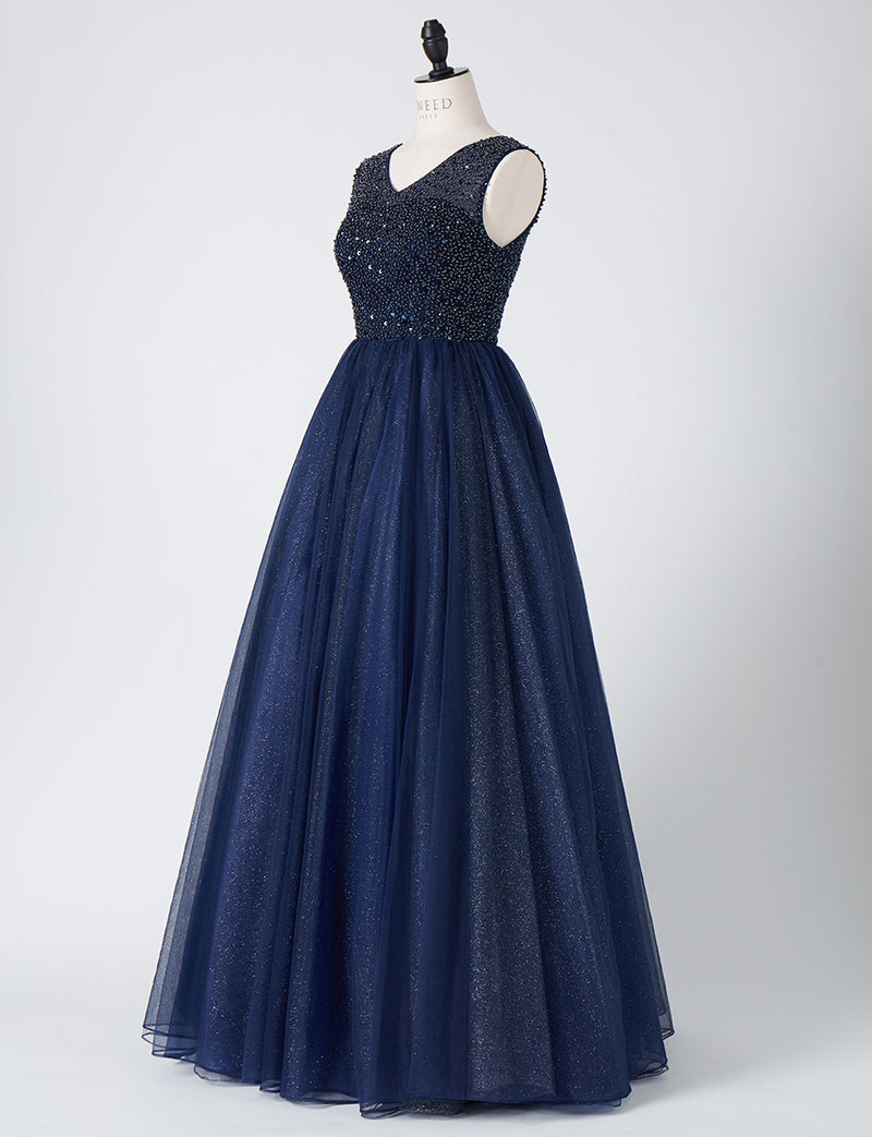 TWEED DRESS(ツイードドレス)のダークネイビーロングドレス・チュール｜TN2001-DNYのトルソー全身斜め画像です。