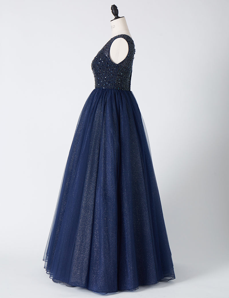 TWEED DRESS(ツイードドレス)のダークネイビーロングドレス・チュール｜TN2001-DNYの全身横画像です。