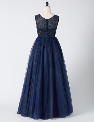 TWEED DRESS(ツイードドレス)のダークネイビーロングドレス・チュール｜TN2001-DNYのトルソー全身後ろ画像です。