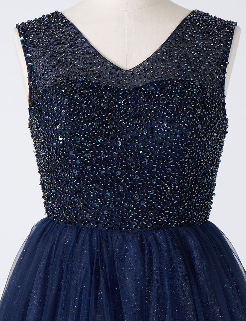TWEED DRESS(ツイードドレス)のダークネイビーロングドレス・チュール｜TN2001-DNYのトルソー上半身正面画像です。