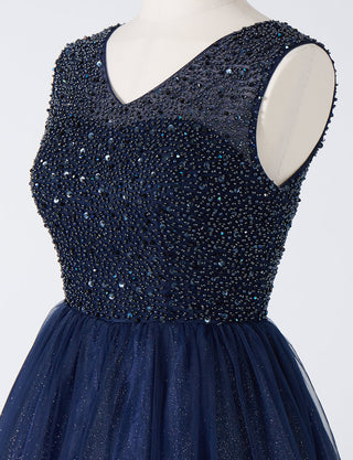 TWEED DRESS(ツイードドレス)のダークネイビーロングドレス・チュール｜TN2001-DNYのトルソー上半身斜め画像です。