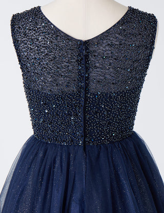 TWEED DRESS(ツイードドレス)のダークネイビーロングドレス・チュール｜TN2001-DNYのトルソー上半身後ろ画像です。