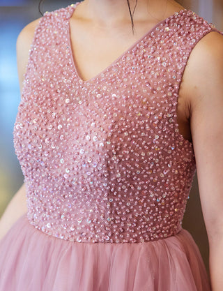  TWEED DRESS(ツイードドレス)のスモーキーピンクロングドレス・チュール｜TN2001-SYPKの上半身装飾拡大画像です。