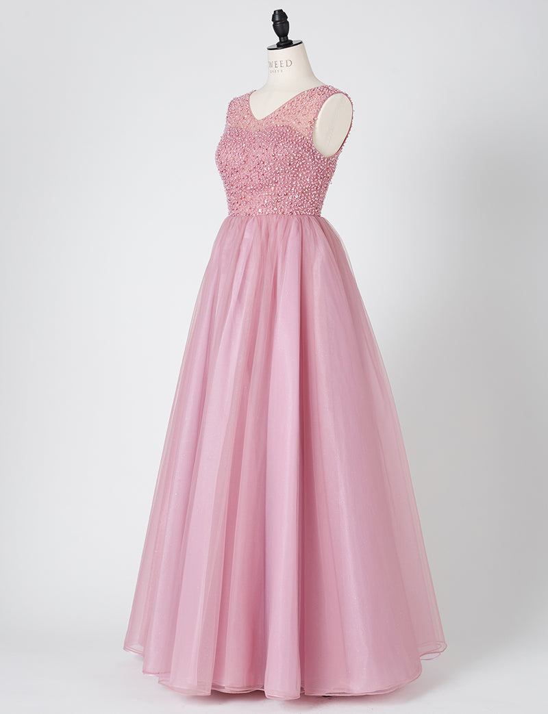 TWEED DRESS(ツイードドレス)のスモーキーピンクロングドレス・チュール｜TN2001-SYPKのトルソー全身斜め画像です。