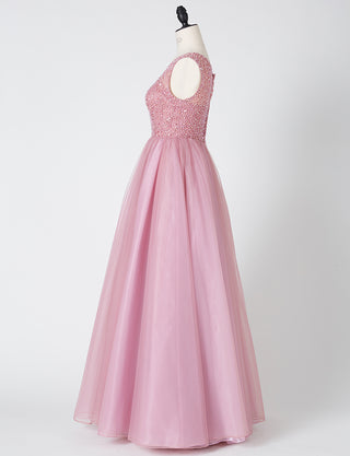 TWEED DRESS(ツイードドレス)のスモーキーピンクロングドレス・チュール｜TN2001-SYPKのトルソー全身横画像です。