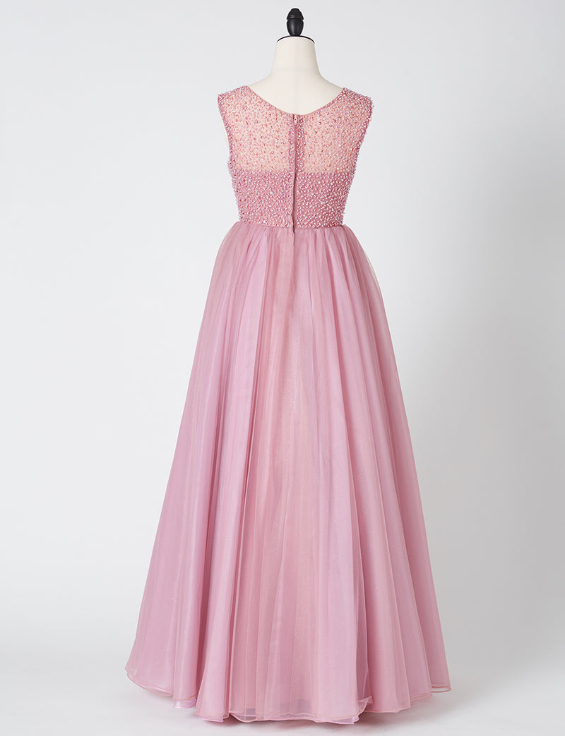 TWEED DRESS(ツイードドレス)のスモーキーピンクロングドレス・チュール｜TN2001-SYPKのトルソー全身後ろ画像です。